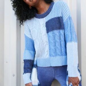 Aerie Blue and White Patchwork Sweater